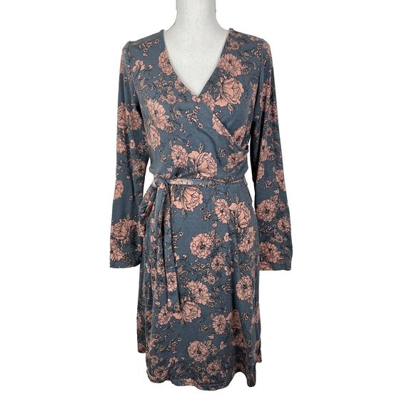 Moosungeek Dress Women Large Blue Floral All Over Print Long Sleeve Surplice - Picture 15 of 15